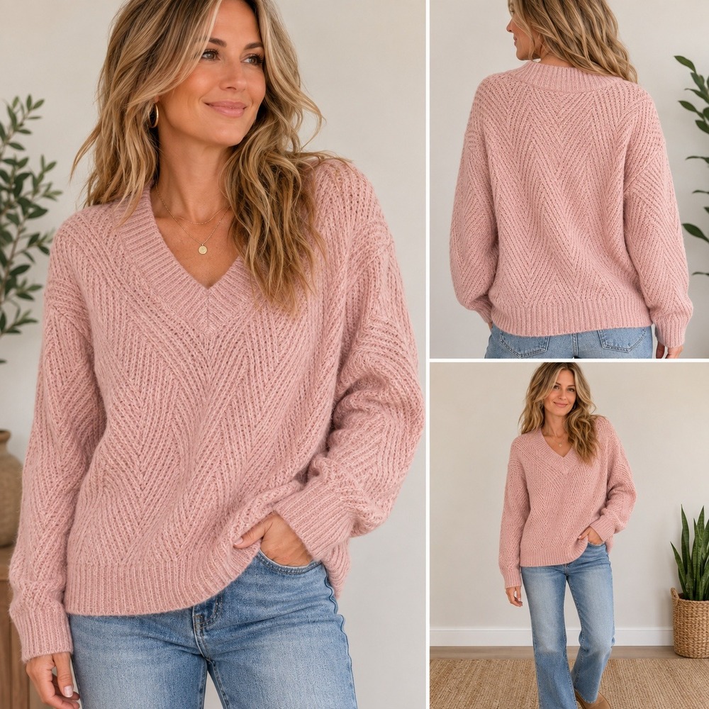 balletcore Liz Claiborne Sweater Women Pink V-Neck Chunky Knit Chevron softgirl